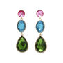 Statement drop earrings featuring jewel tones glass gems.